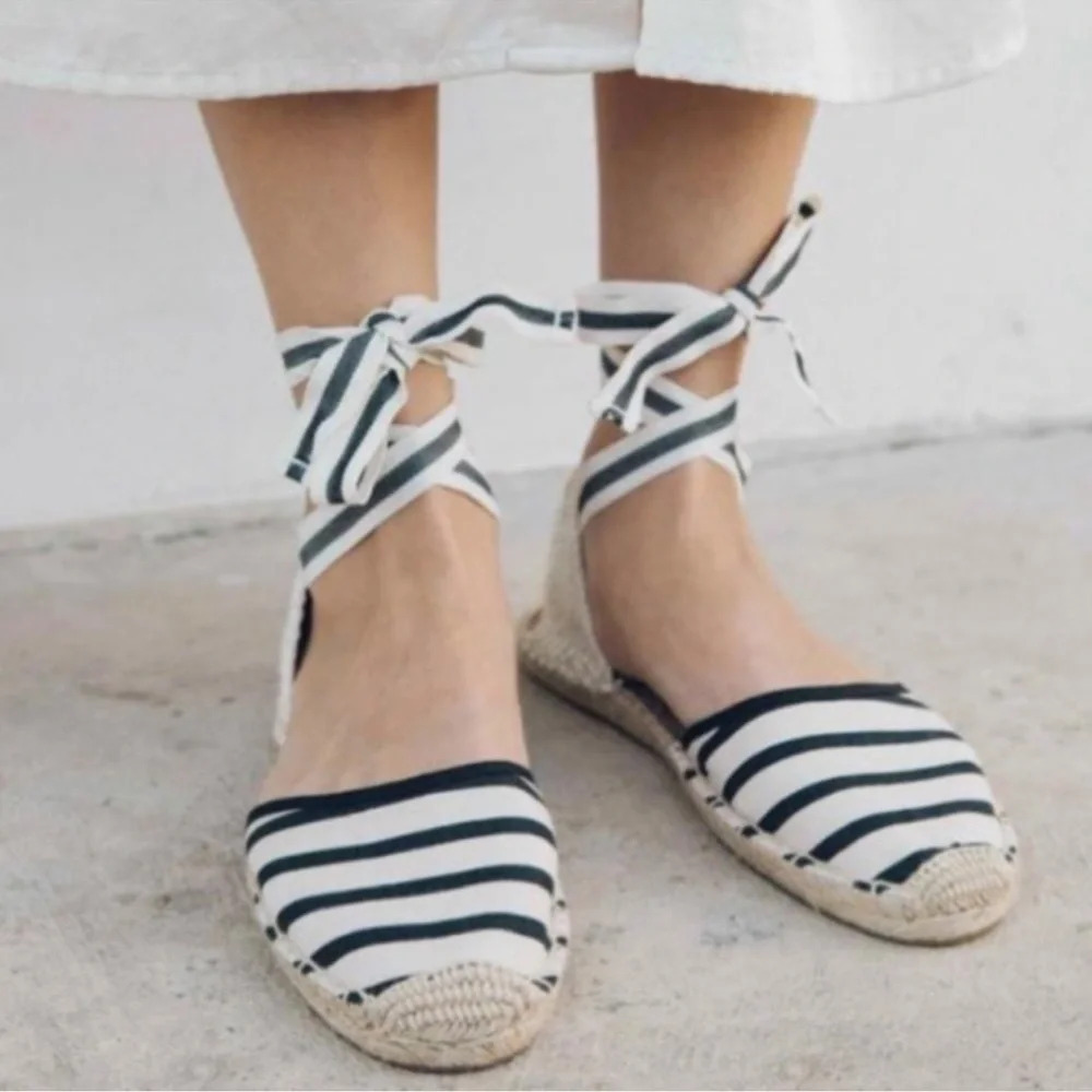 Soludos Cream Black Striped Nautical Strappy Ankle Tie Espadrilles Flats Sz 9.5